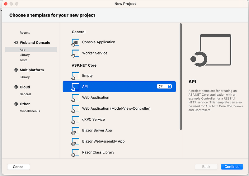 Selecting ASP.NET Core API template