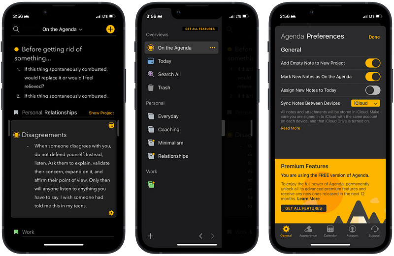 Agenda app interface for note-taking