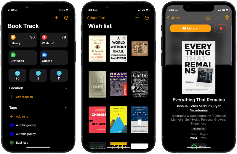 Book Track app interface for organizing books