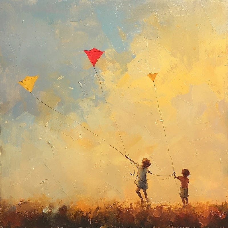 A vibrant scene of children flying colorful kites