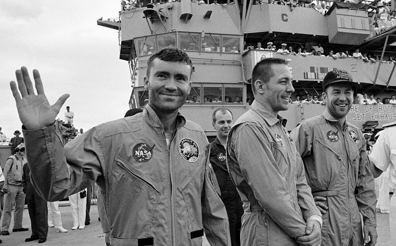 Crew of Apollo 13 on the USS Iwo Jima after their mission