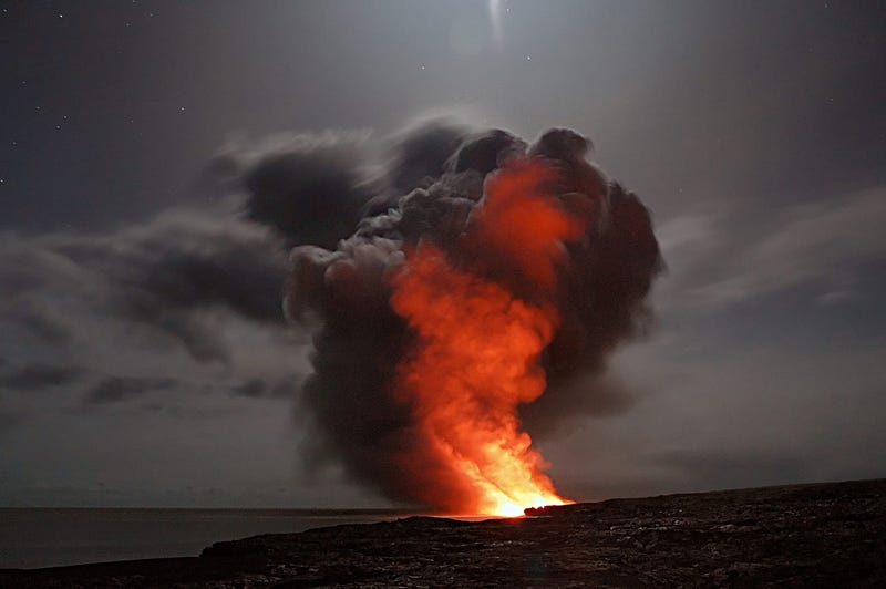 Carbon cycle illustration depicting human and volcanic emissions.