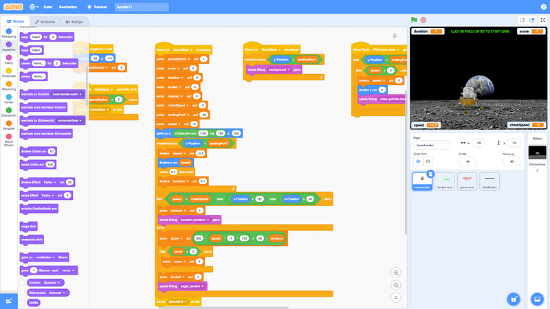 Screenshot of the Apollo 11 game designed in Scratch