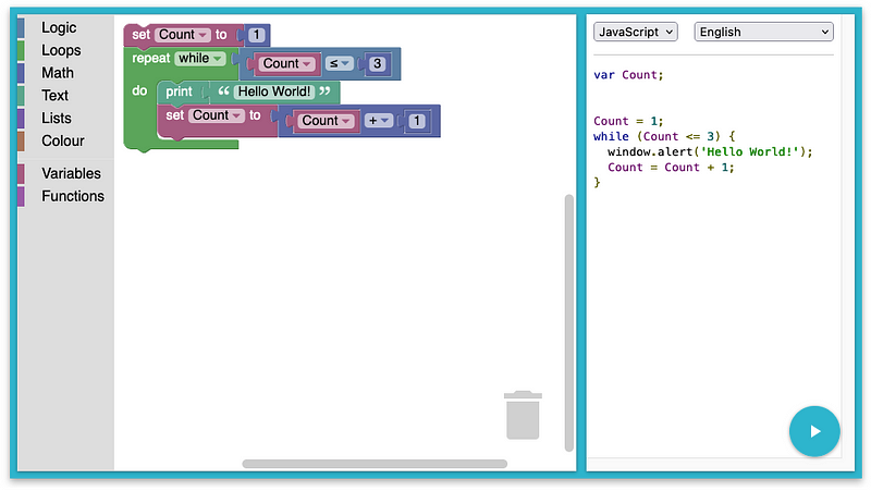 Google Blockly interface showcasing advanced programming options