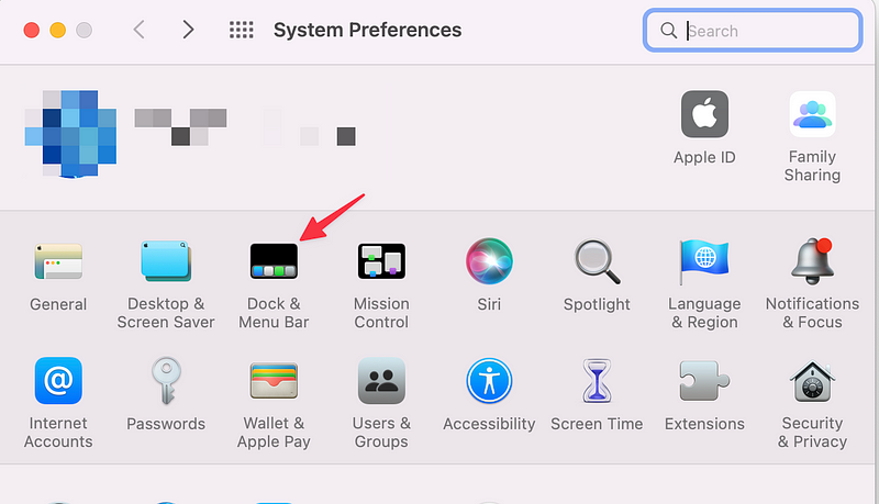 Navigating to Dock and Menu Bar settings