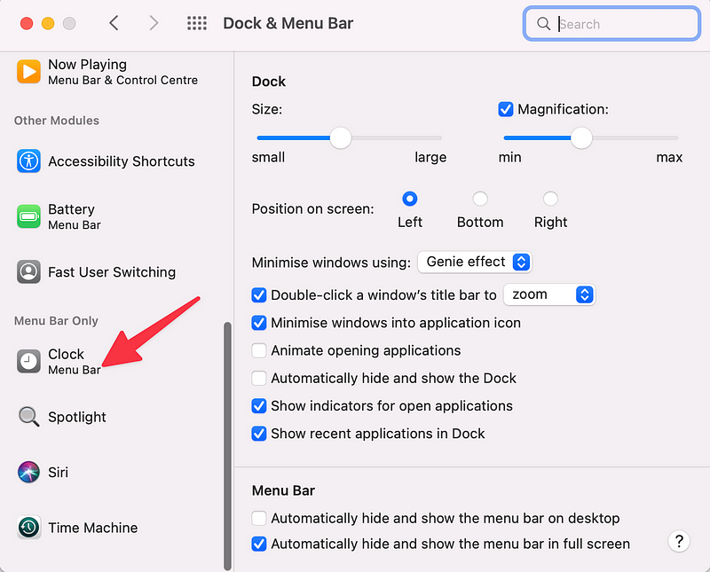 Selecting the Clock option in System Preferences