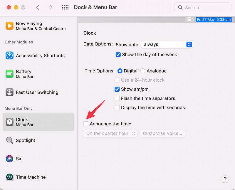 Enabling time announcement feature