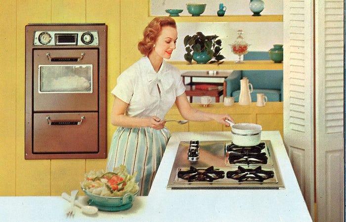 A humorous representation of 1950s housewife expectations.