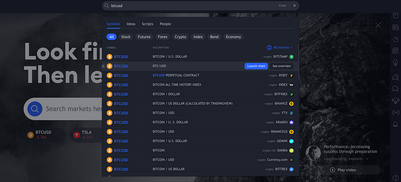 Searching for BTCUSD on TradingView