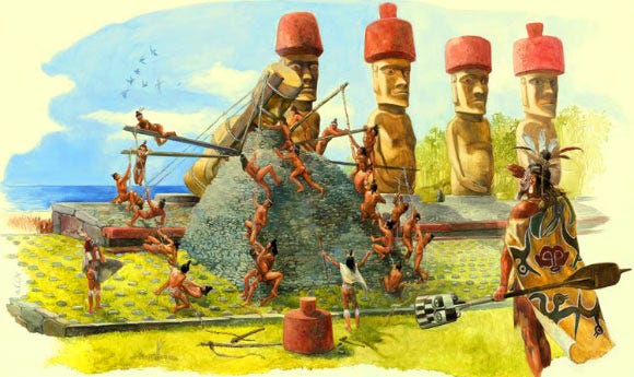 Rapa Nui tribes competing in Moai construction