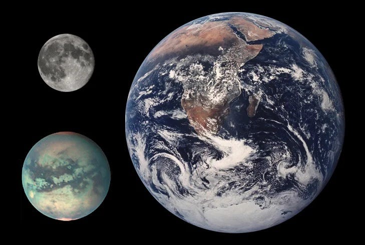 Size comparison of Earth, Titan, and the Moon